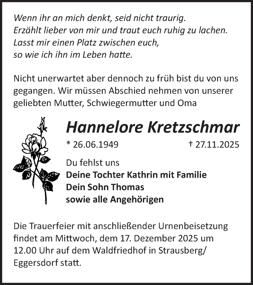  Traueranzeige für Hannelore Kretzschmar vom 06.12.2025 aus Märkische Oderzeitung