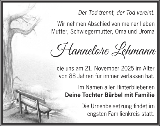 Traueranzeige von Hannelore Lehmann von Märkische Oderzeitung