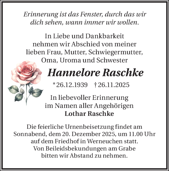 Traueranzeige von Hannelore Raschke von Märkische Oderzeitung