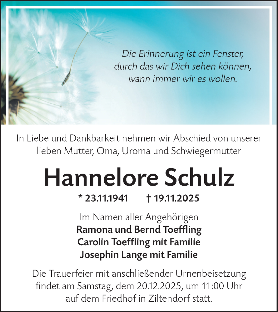  Traueranzeige für Hannelore Schulz vom 13.12.2025 aus Märkische Oderzeitung