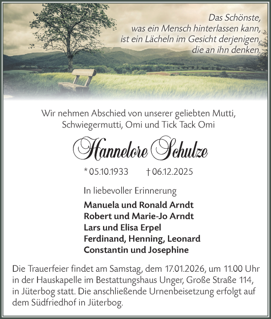 Traueranzeige von Hannelore Schulze von Blickpunkt Jüterbog/Luckenwalde