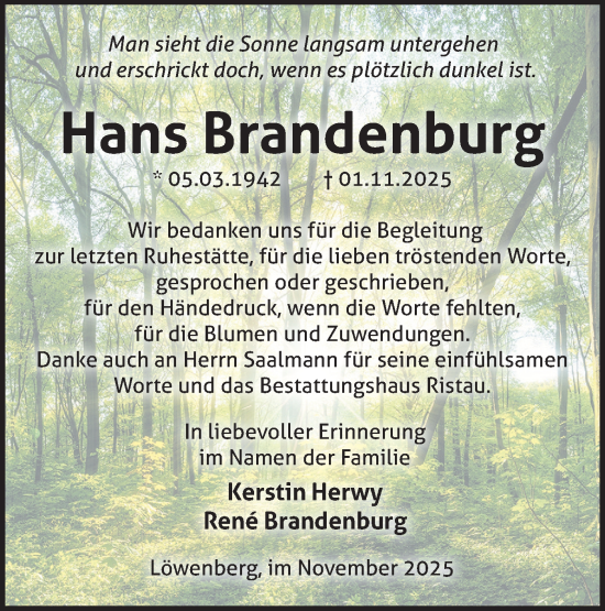Traueranzeige von Hans Brandenburg von Märkische Oderzeitung