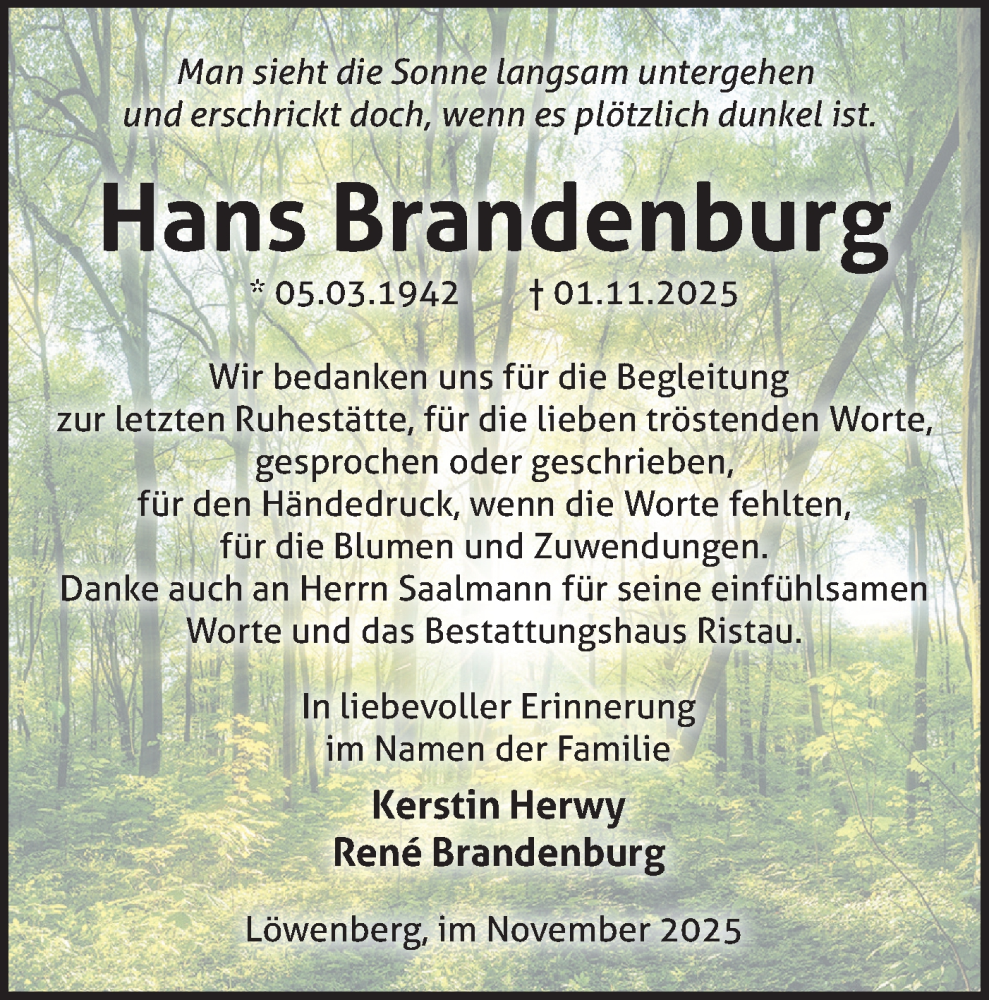  Traueranzeige für Hans Brandenburg vom 06.12.2025 aus Märkische Oderzeitung