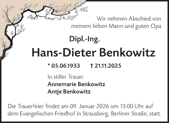 Traueranzeige von Hans-Dieter Benkowitz von Märkische Oderzeitung