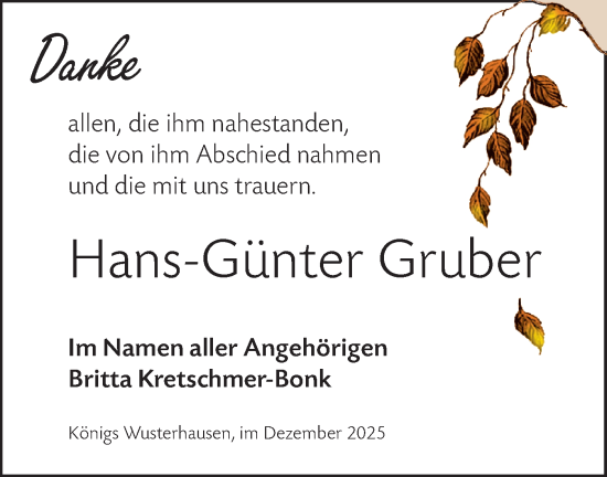 Traueranzeige von Hans-Günter Gruber von Blickpunkt Königs Wusterhausen