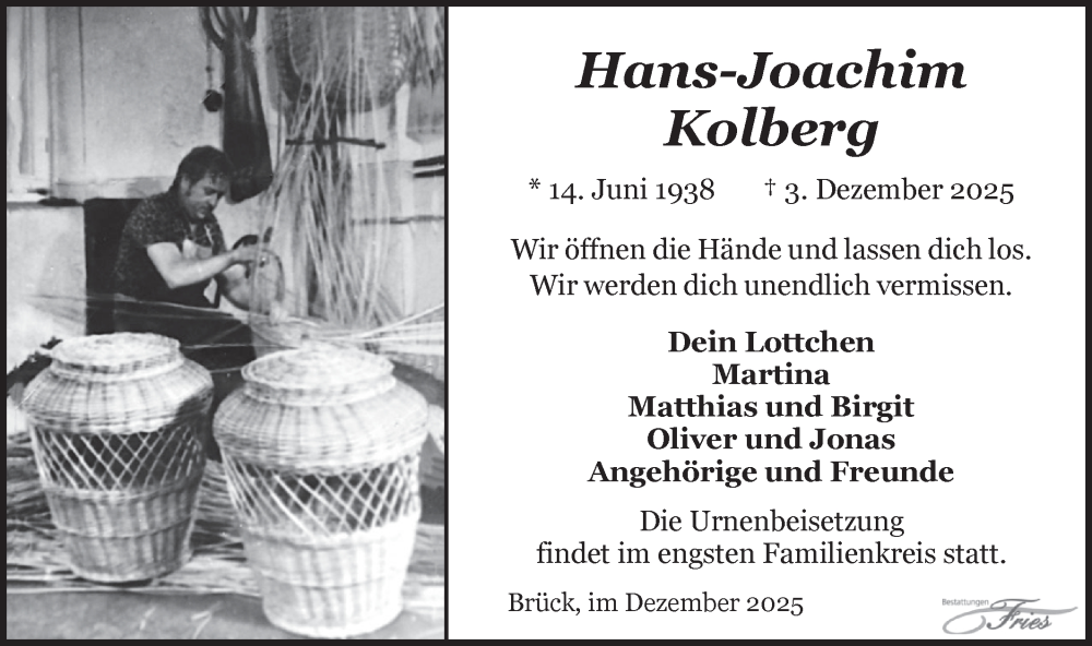  Traueranzeige für Hans-Joachim Kolberg vom 13.12.2025 aus Märkische Oderzeitung