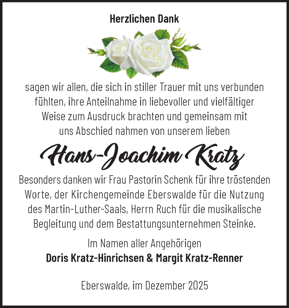  Traueranzeige für Hans-Joachim Kratz vom 27.12.2025 aus Märkische Oderzeitung