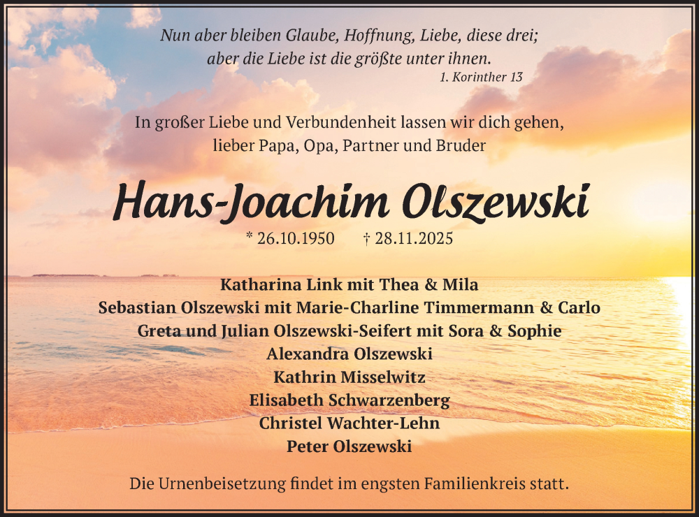  Traueranzeige für Hans-Joachim Olszewski vom 13.12.2025 aus Märkische Oderzeitung