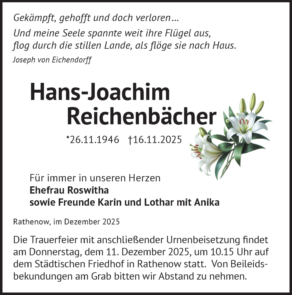  Traueranzeige für Hans-Joachim Reichenbächer vom 06.12.2025 aus Märkische Oderzeitung