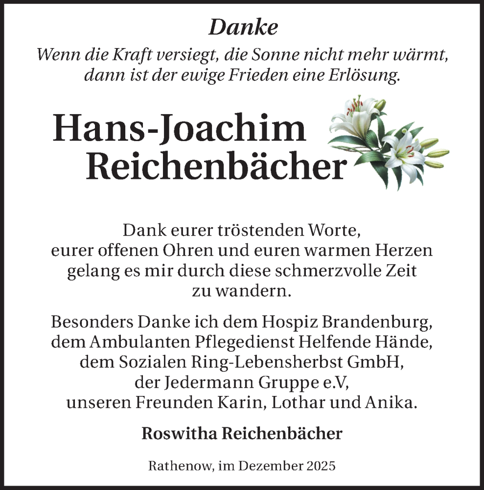  Traueranzeige für Hans-Joachim Reichenbächer vom 13.12.2025 aus Märkische Oderzeitung