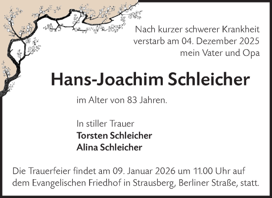 Traueranzeige von Hans-Joachim Schleicher von Märkische Oderzeitung