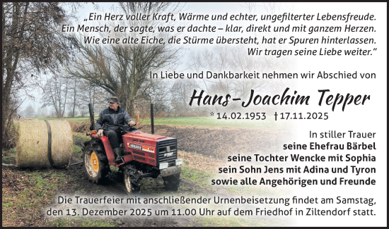 Traueranzeige von Hans-Joachim Tepper von Märkische Oderzeitung