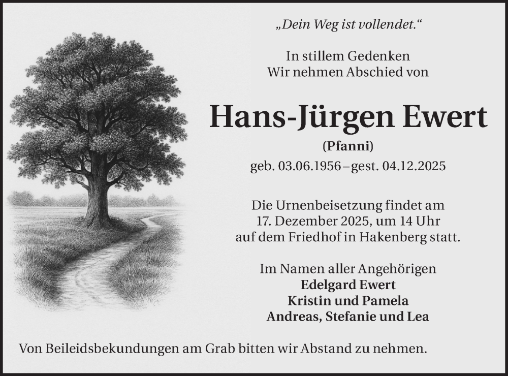  Traueranzeige für Hans-Jürgen Ewert vom 13.12.2025 aus Märkische Oderzeitung