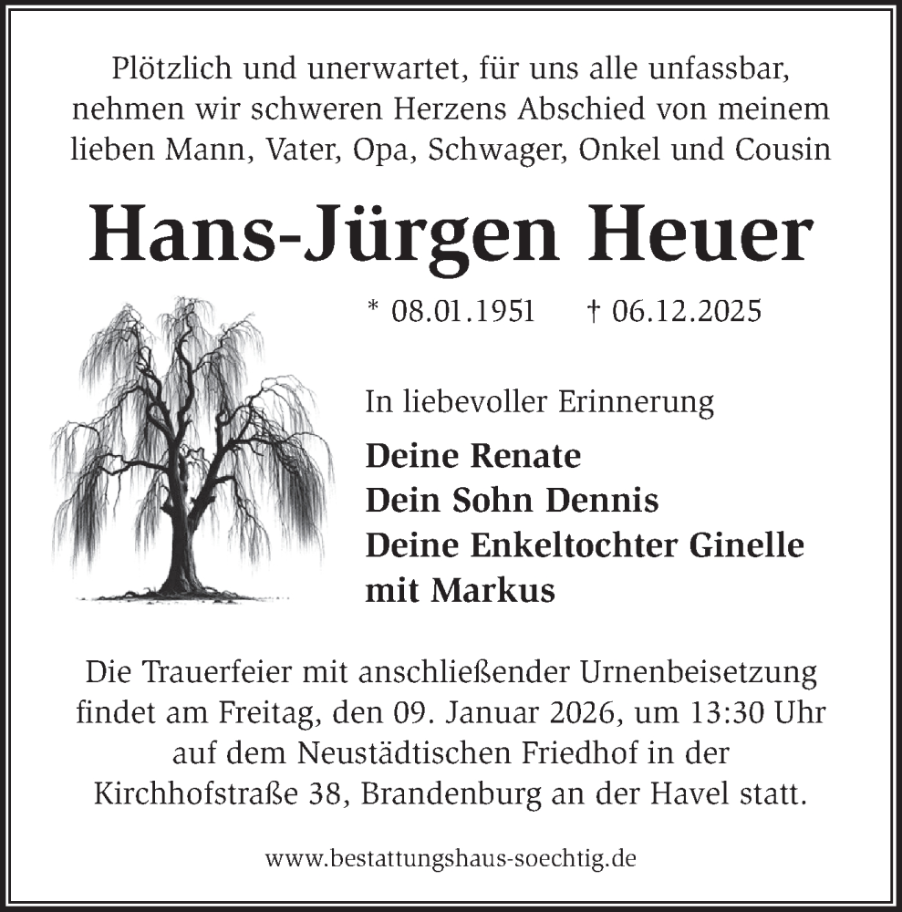  Traueranzeige für Hans-Jürgen Heuer vom 20.12.2025 aus Märkische Oderzeitung