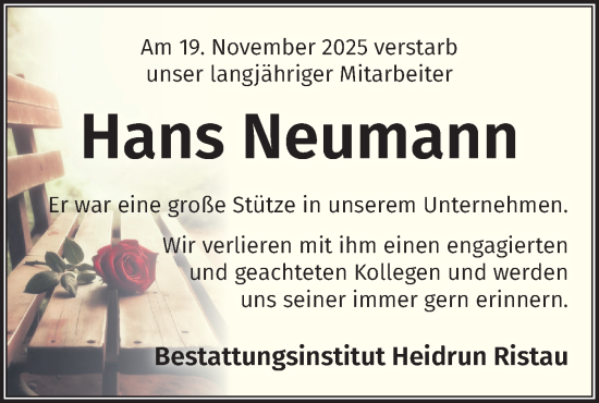 Traueranzeige von Hans Neumann von Märkische Oderzeitung
