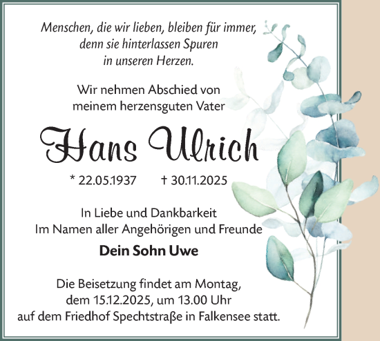 Traueranzeige von Hans Ulrich von Märkische Oderzeitung