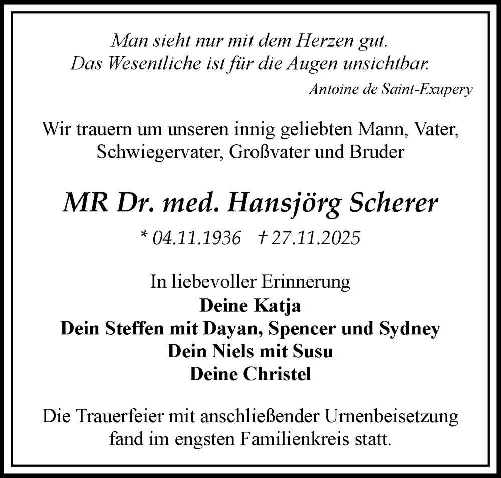  Traueranzeige für Hansjörg Scherer vom 20.12.2025 aus Märkische Oderzeitung