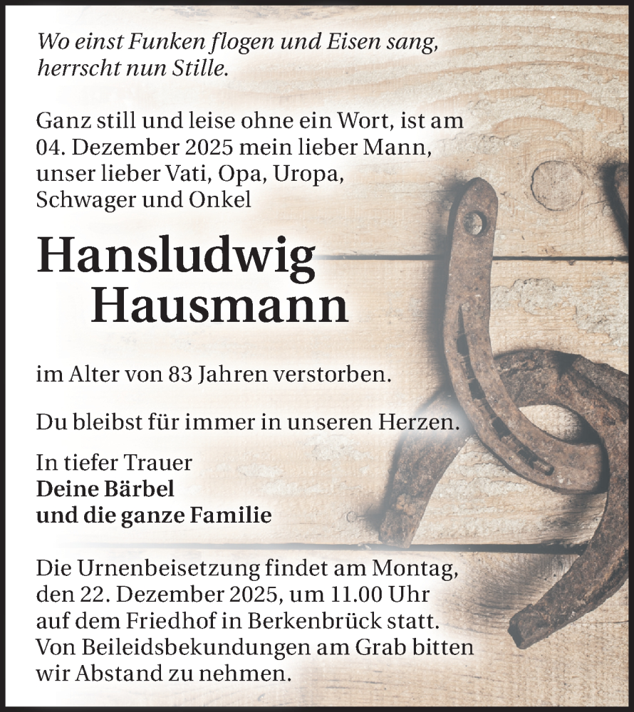  Traueranzeige für Hansludwig Hausmann vom 20.12.2025 aus Blickpunkt Jüterbog/Luckenwalde