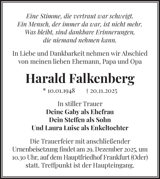 Traueranzeige von Harald Falkenberg von Märkische Oderzeitung