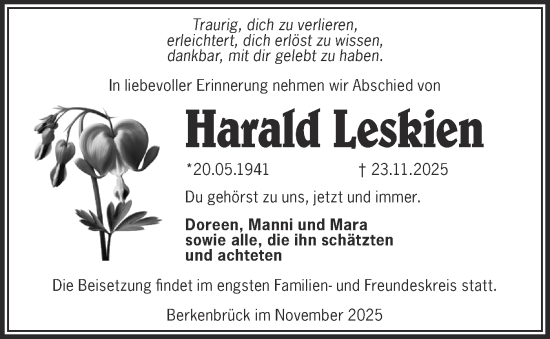 Traueranzeige von Harald Leskien von Märkische Oderzeitung