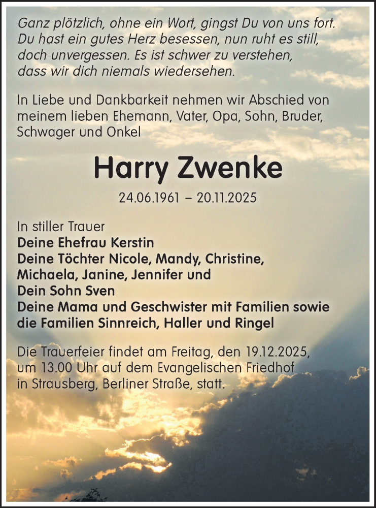  Traueranzeige für Harry Zwenke vom 13.12.2025 aus Märkische Oderzeitung