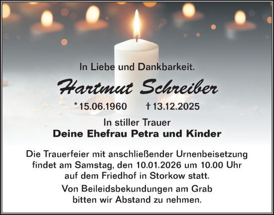 Traueranzeige von Hartmut Schreiber von Märkische Oderzeitung