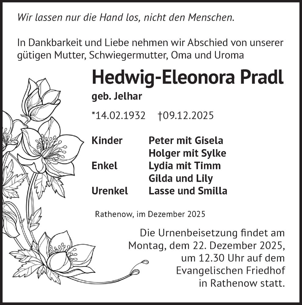  Traueranzeige für Hedwig-Eleonora Pradl vom 20.12.2025 aus Märkische Oderzeitung