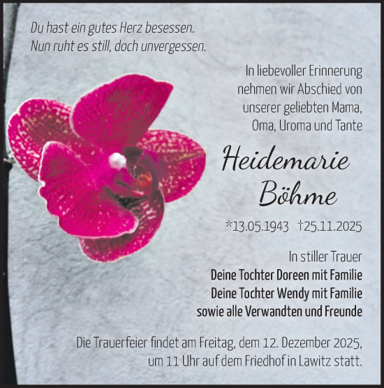 Traueranzeige von Heidemarie Böhme von Märkische Oderzeitung