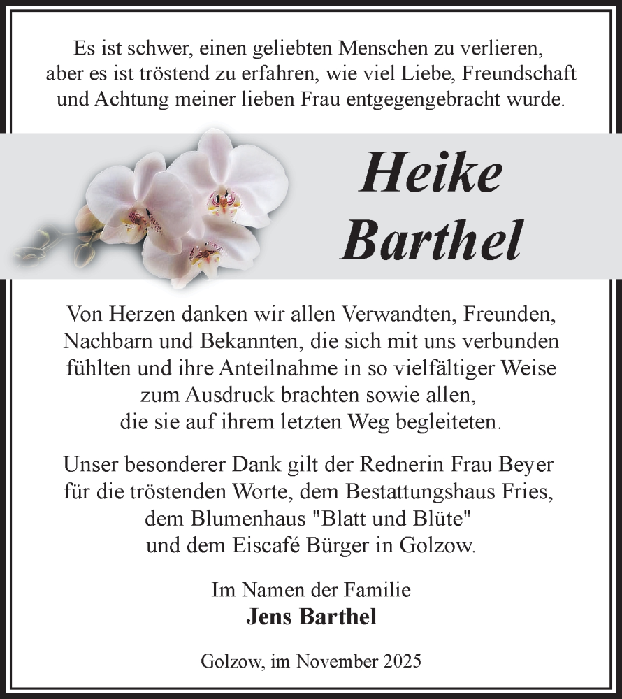 Traueranzeige für Heike Barthel vom 06.12.2025 aus Märkische Oderzeitung