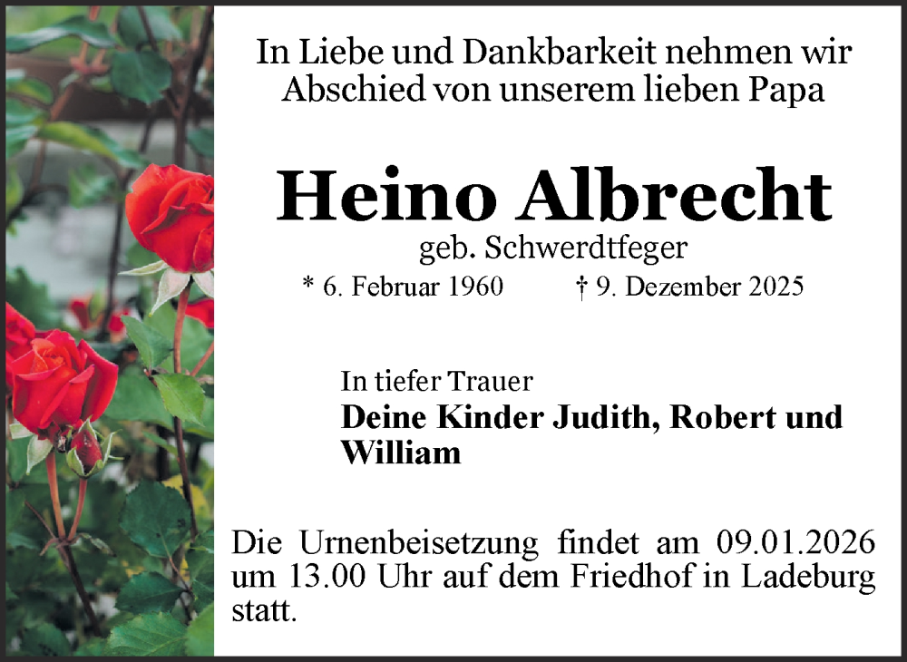  Traueranzeige für Heino Albrecht vom 27.12.2025 aus Märkische Oderzeitung