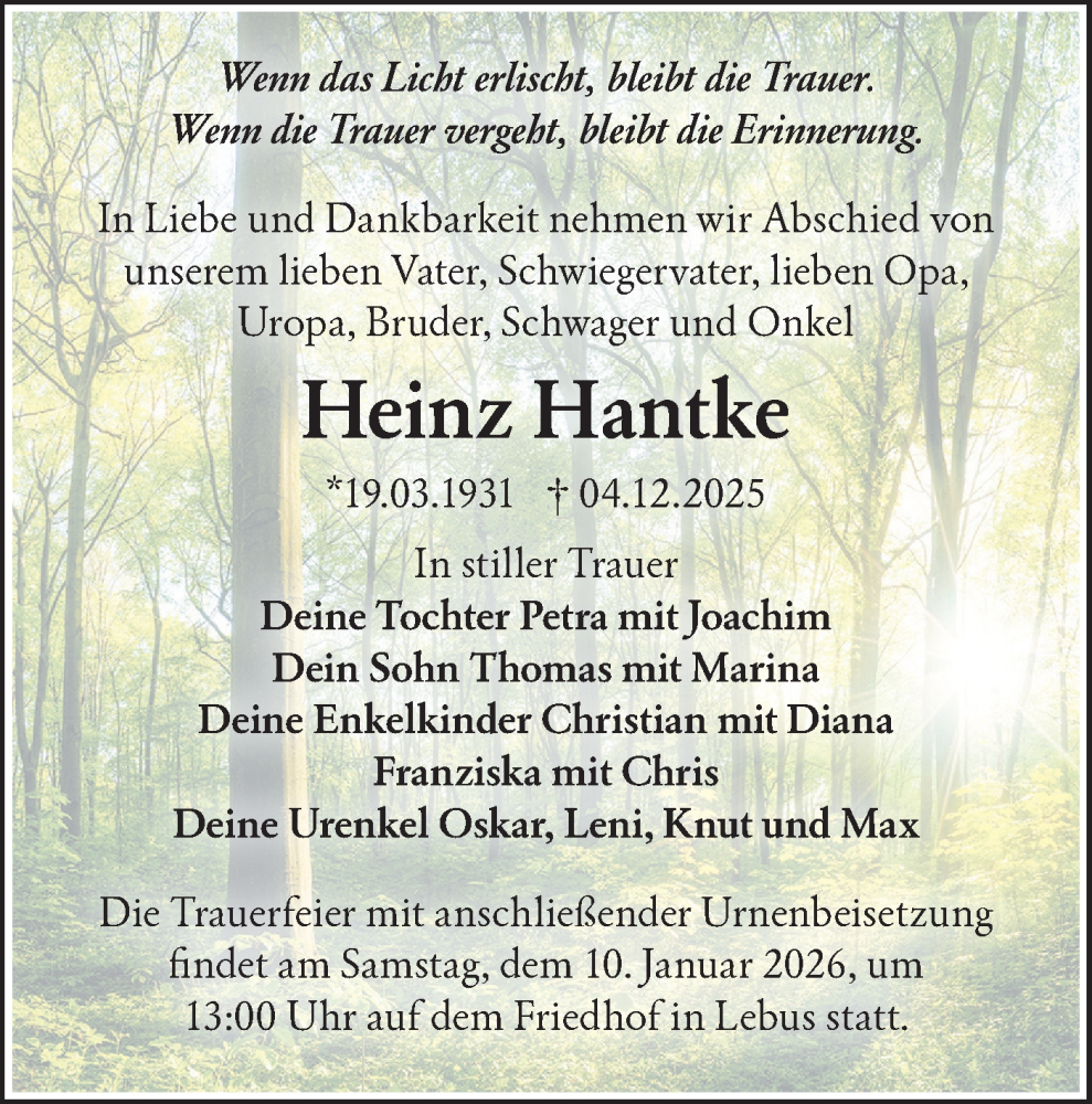  Traueranzeige für Heinz Hantke vom 27.12.2025 aus MO Oderld.-Echo