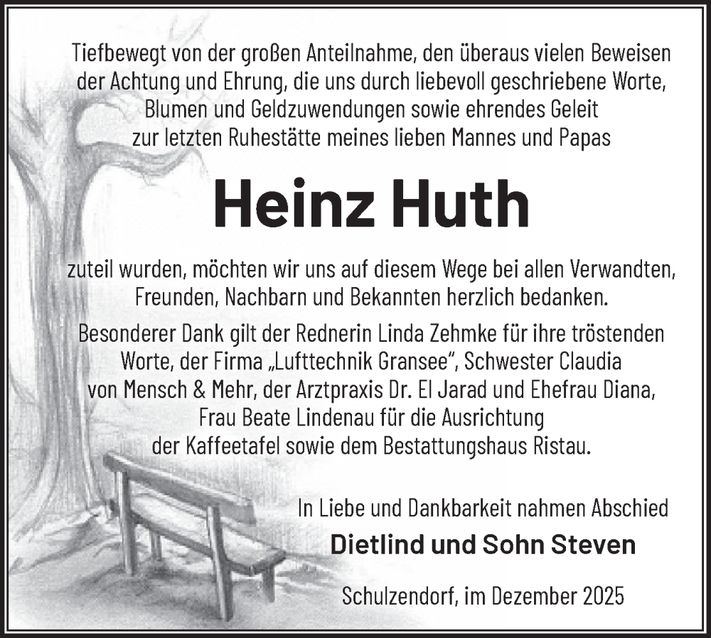  Traueranzeige für Heinz Huth vom 13.12.2025 aus Märkische Oderzeitung