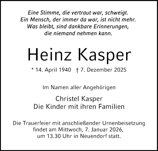 Traueranzeige von Heinz Kasper von Märkische Oderzeitung