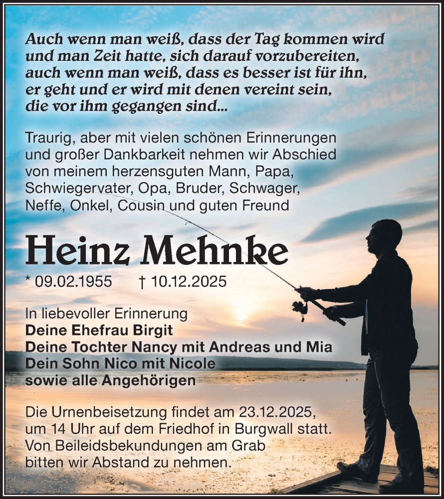  Traueranzeige für Heinz Mehnke vom 16.12.2025 aus Märkische Oderzeitung