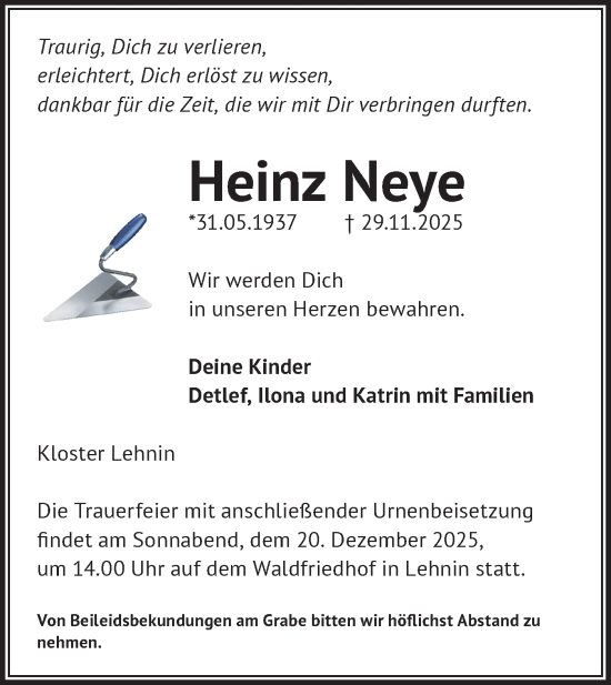 Traueranzeige von Heinz Neye von Märkische Oderzeitung