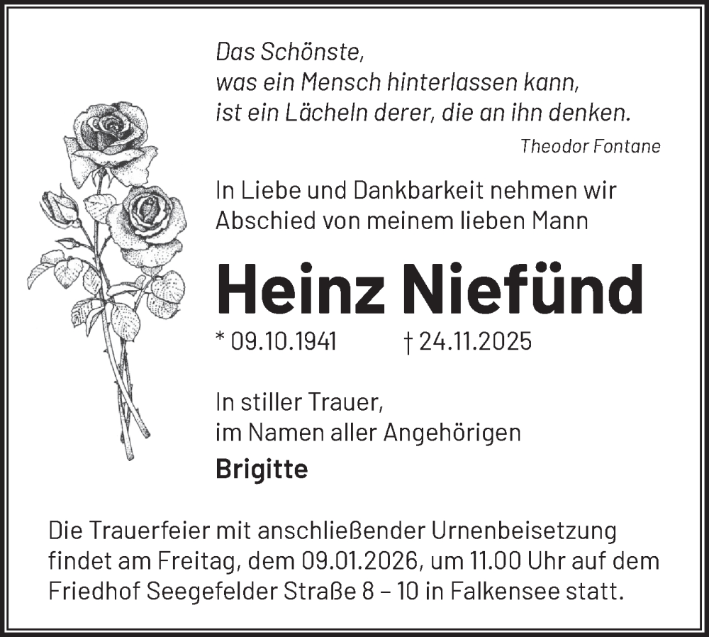  Traueranzeige für Heinz Niefünd vom 20.12.2025 aus Märkische Oderzeitung