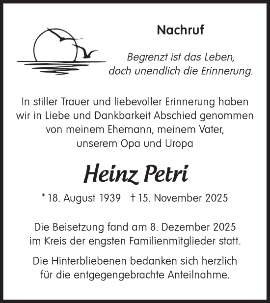 Traueranzeige von Heinz Petri von Blickpunkt Jüterbog/Luckenwalde