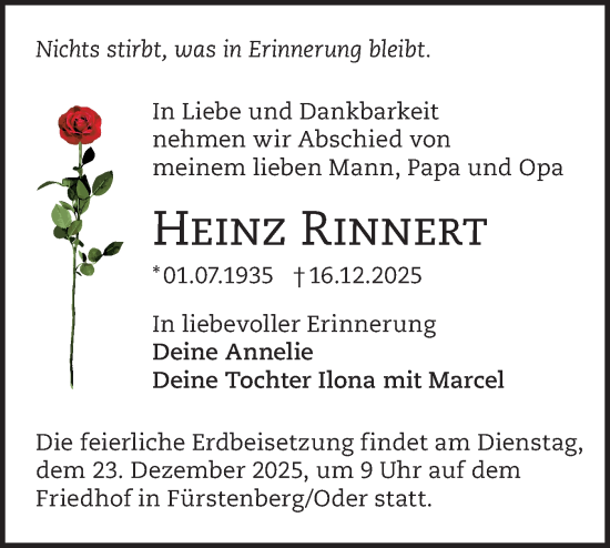 Traueranzeige von Heinz Rinnert von Märkische Oderzeitung