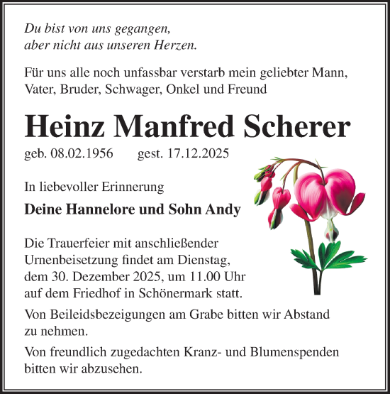 Traueranzeige von Heinz Manfred Scherer von Märkische Oderzeitung