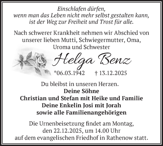 Traueranzeige von Helga Benz von Märkische Oderzeitung