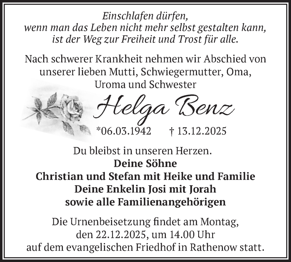  Traueranzeige für Helga Benz vom 20.12.2025 aus Märkische Oderzeitung