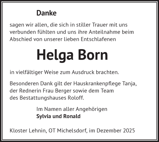 Traueranzeige von Helga Born von Märkische Oderzeitung
