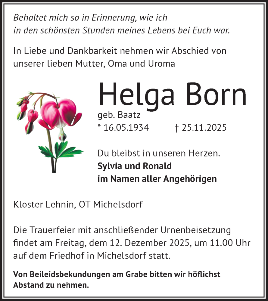  Traueranzeige für Helga Born vom 06.12.2025 aus Märkische Oderzeitung