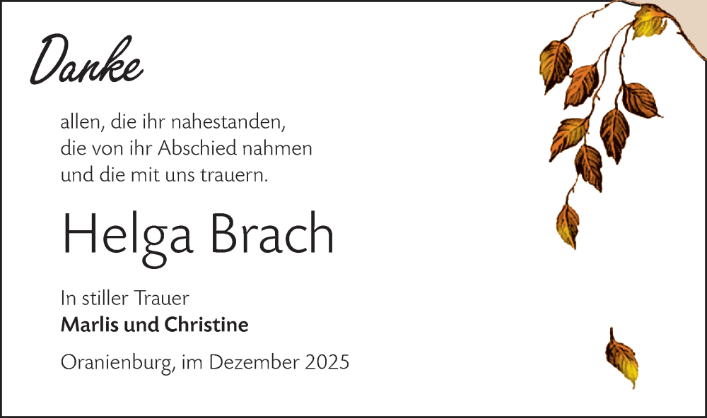  Traueranzeige für Helga Brach vom 27.12.2025 aus Märkische Oderzeitung