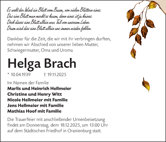 Traueranzeige von Helga Brach von Märkische Oderzeitung