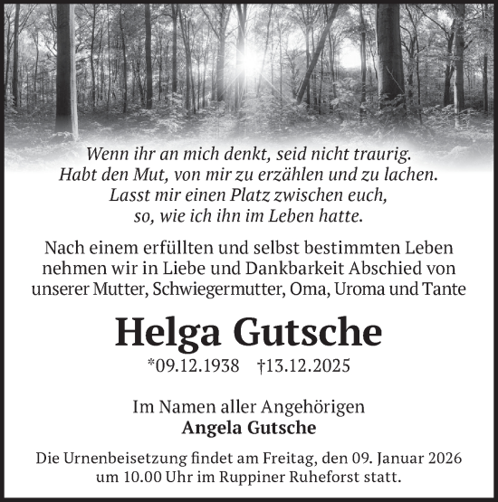 Traueranzeige von Helga Gutsche von Märkische Oderzeitung