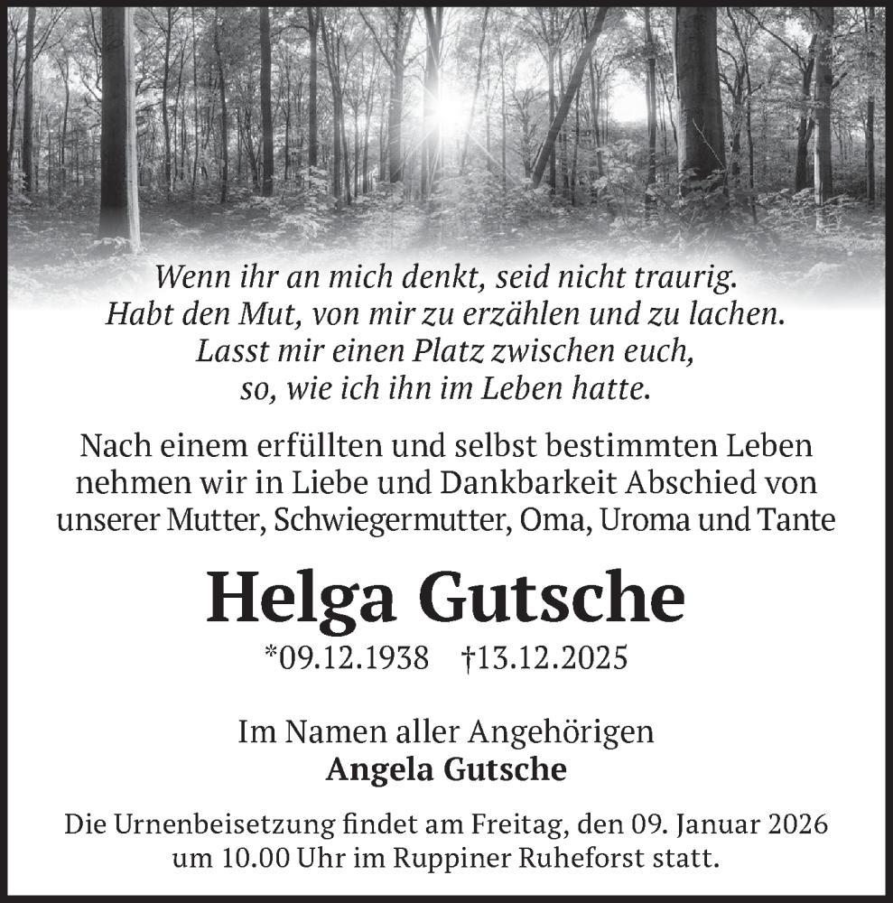  Traueranzeige für Helga Gutsche vom 20.12.2025 aus Märkische Oderzeitung