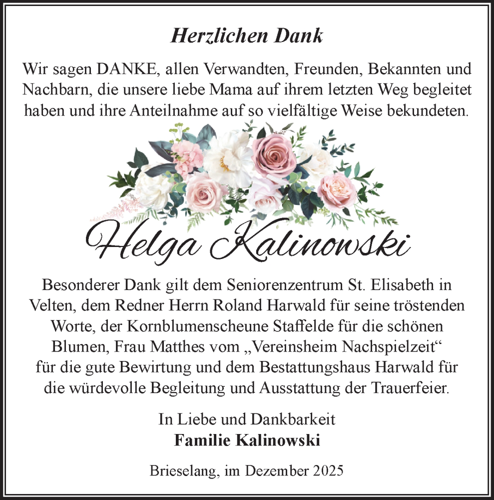  Traueranzeige für Helga Kalinowski vom 06.12.2025 aus Märkische Oderzeitung