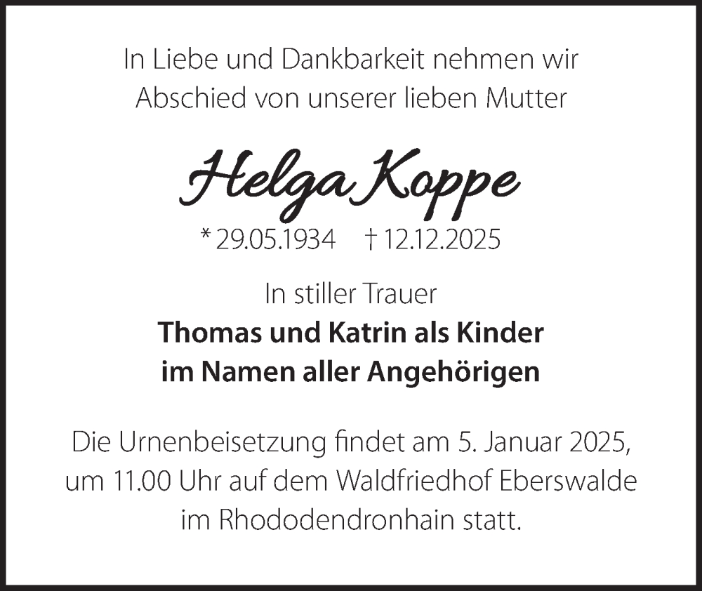  Traueranzeige für Helga Koppe vom 27.12.2025 aus Märkische Oderzeitung