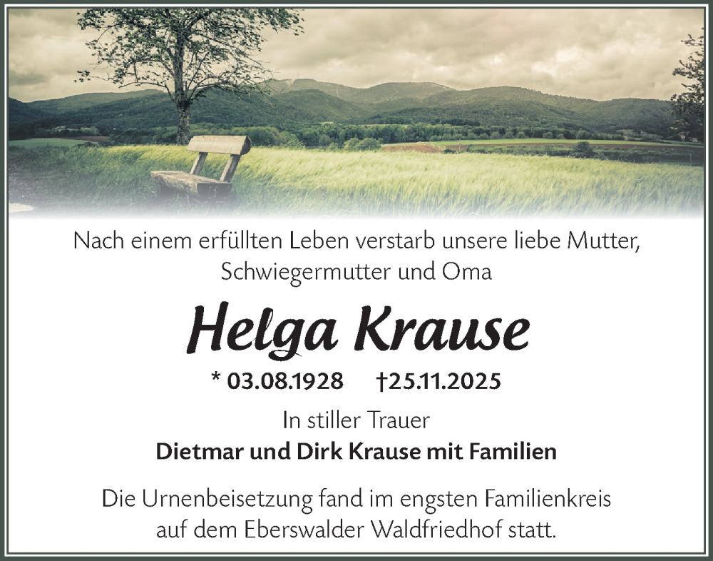  Traueranzeige für Helga Krause vom 13.12.2025 aus Märkische Oderzeitung